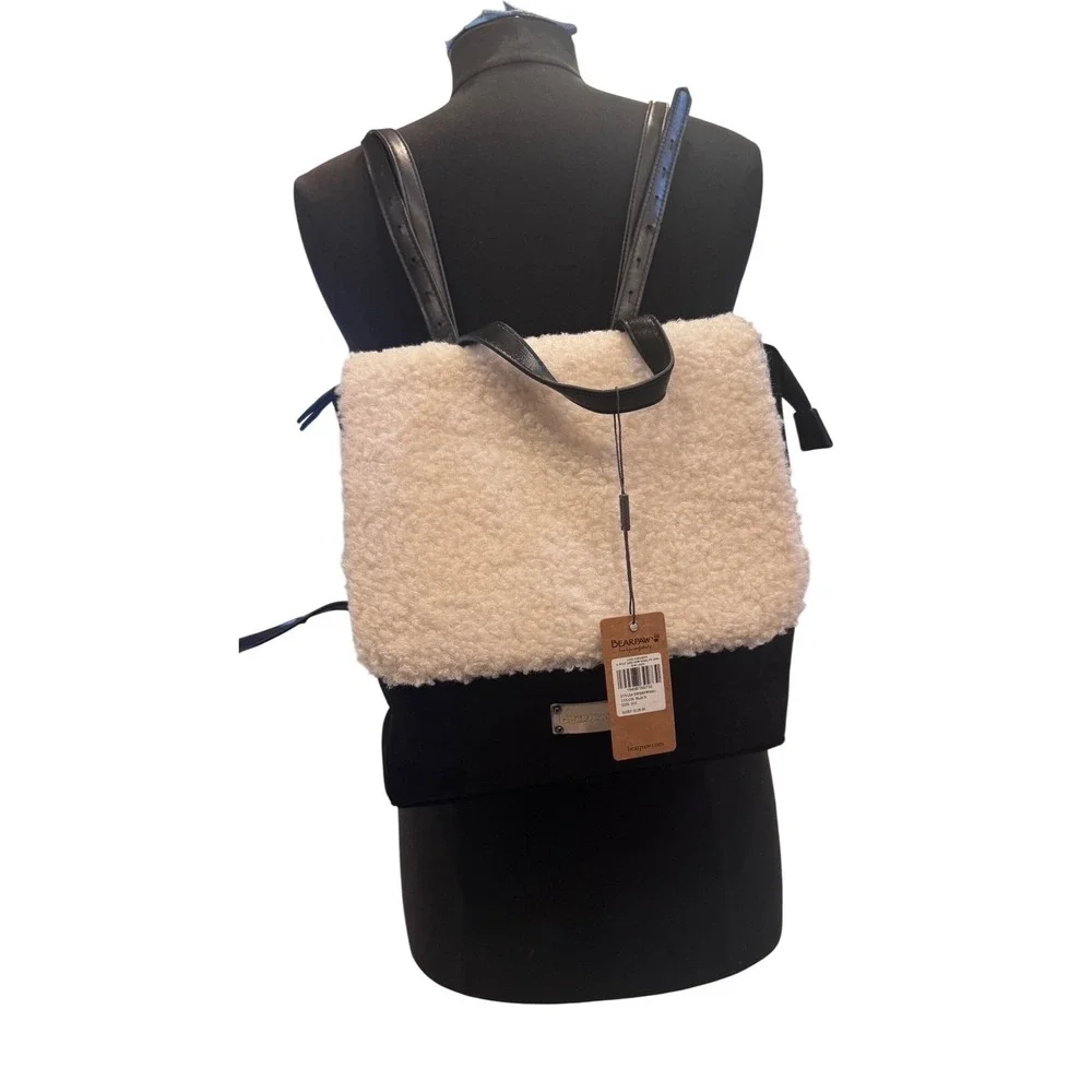 Bearpaw Sherpa Faux Shearling PVC Backpack Black Cream BWBBPW0001 NWT‎ 9.5x11x3